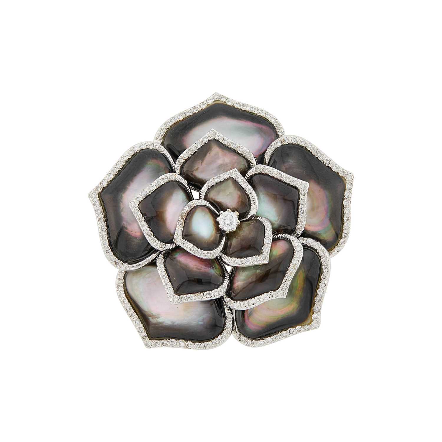 Lot 51 - White Gold, Gray Mother-of-Pearl and Diamond Rose Pendant Clip-Brooch