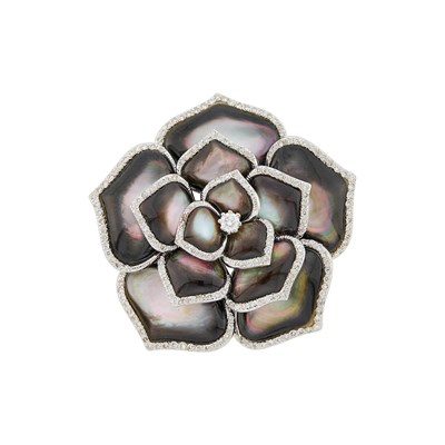 Lot 51 - White Gold, Gray Mother-of-Pearl and Diamond Rose Pendant Clip-Brooch