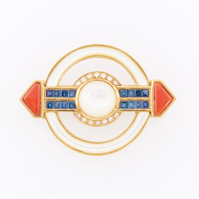 Lot 1026 - Gold, Mother-of-Pearl, Sapphire, Diamond and Coral Brooch