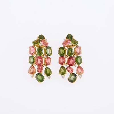 Lot 1211 - Pair of Gold, Pink and Green Tourmaline and White Sapphire Fringe Earclips