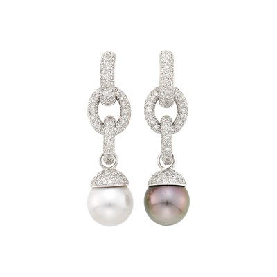 Lot 46 - Pair of White Gold, Multicolored Cultured Pearl and Diamond Pendant-Earclips