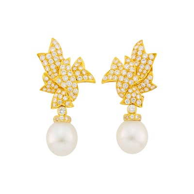 Lot 142 - Pair of Gold, Diamond and South Sea Cultured Pearl Pendant-Earclips