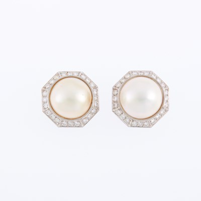 Lot 1104 - Pair of White Gold, Mabé Pearl and Diamond Earclips