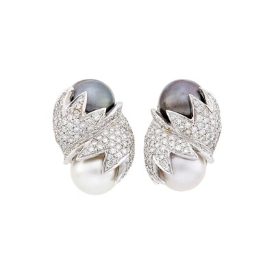 Lot 85 - Pair of White Gold, White and Gray Mabé Pearl and Diamond Earclips