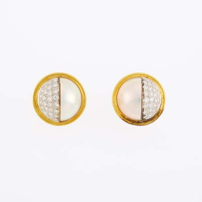 Lot 1044 - Pair of Two-Color Gold, Mabé Pearl and Diamond Dome Earclips