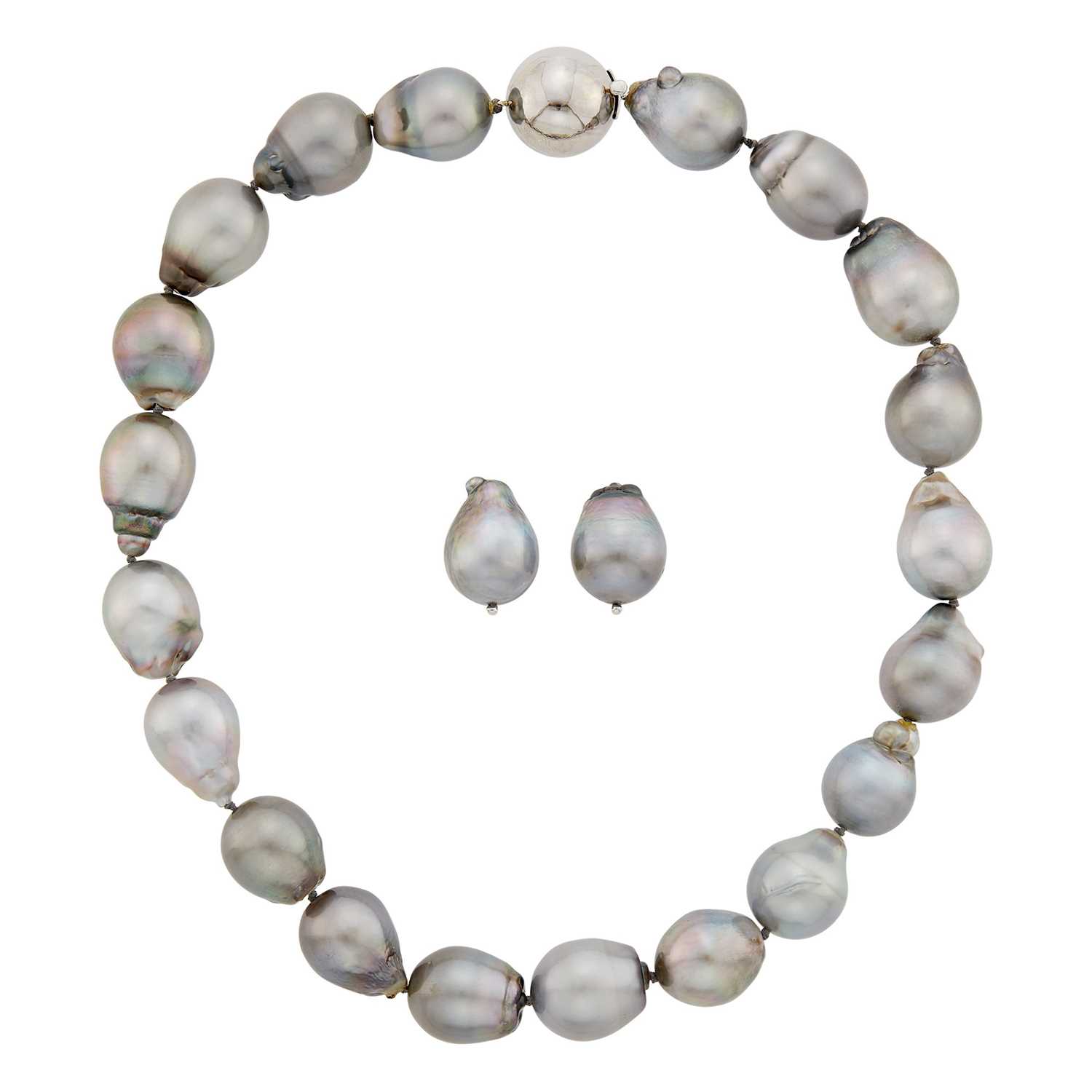 Lot 68 - Tahitian Gray Semi-Baroque Cultured Pearl Necklace with White Gold Ball Clasp and Pair of Earclips