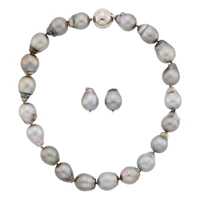 Lot 68 - Tahitian Gray Semi-Baroque Cultured Pearl Necklace with White Gold Ball Clasp and Pair of Earclips