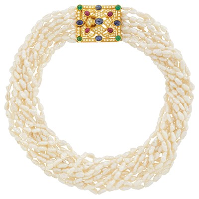 Lot 110 - Multistrand Freshwater Pearl Necklace with Gold, Cabochon Colored Stone and Diamond Clasp