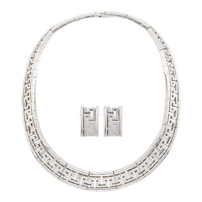 Lot 1035 - White Gold and Diamond Key-Fret Necklace and Pair of Earclips