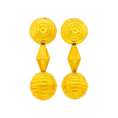 Lot 22 - Pair of High Karat Hammered Gold Bead Pendant-Earclips