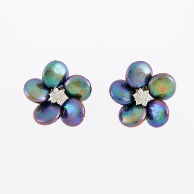 Lot 1084 - Maz Pair of White Gold, Gray Freshwater Pearl and Diamond Flower Earclips