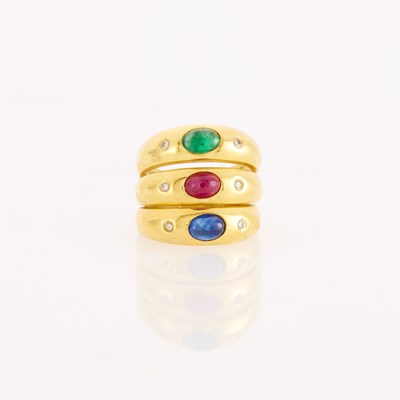 Lot 1045 - Triple Band Gold, Cabochon Colored Stone and Diamond RIng