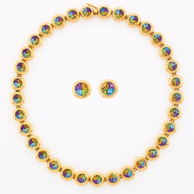 Lot 1047 - Gold and Gem-Set Necklace and Pair of Earclips