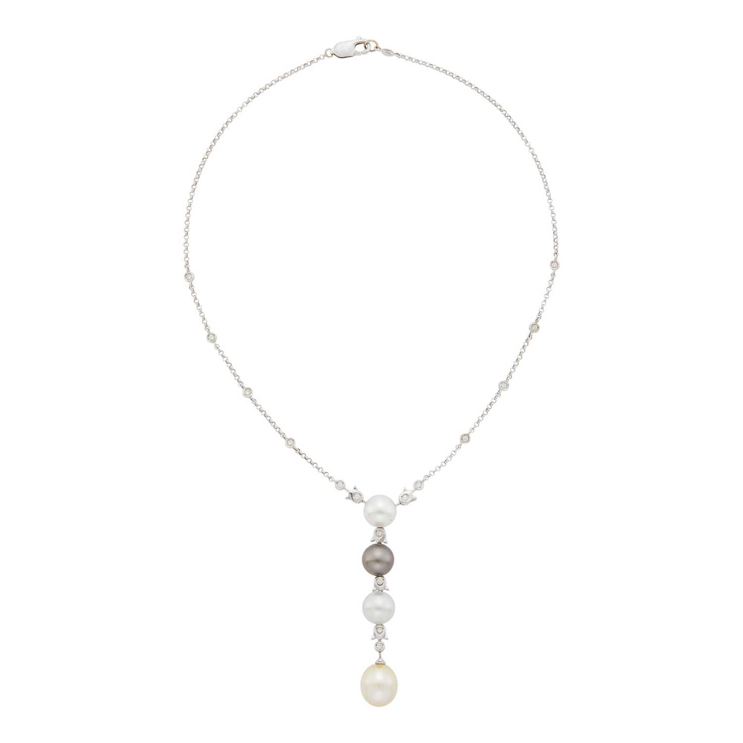 Lot 48 - White Gold, Multicolored Cultured Pearl and Diamond Pendant with Chain Necklace