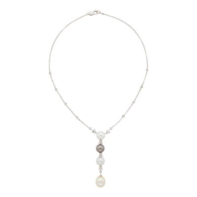 Lot 48 - White Gold, Multicolored Cultured Pearl and Diamond Pendant with Chain Necklace