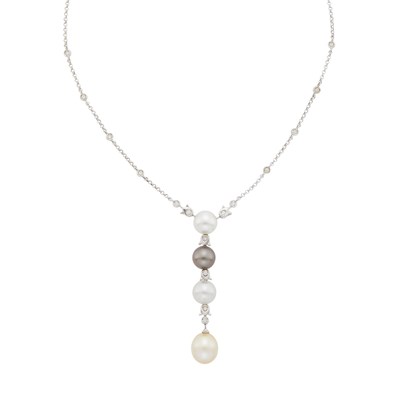 Lot 48 - White Gold, Multicolored Cultured Pearl and Diamond Pendant with Chain Necklace