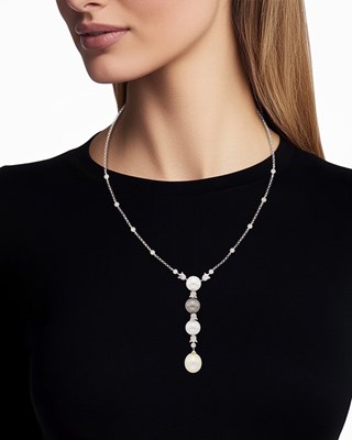 Lot 48 - White Gold, Multicolored Cultured Pearl and Diamond Pendant with Chain Necklace