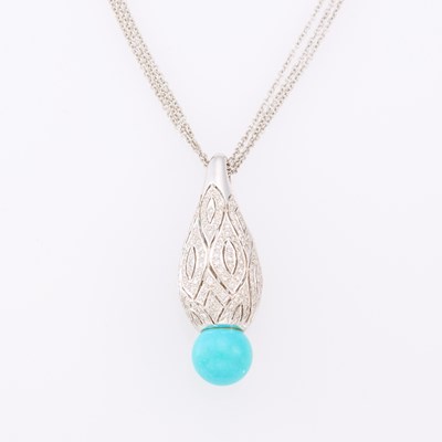 Lot 1067 - White Gold, Turquoise and Diamond Pendant with Chain Necklace