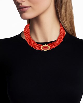 Lot 14 - Multistrand Oxblood Coral Bead Torsade Necklace with Gold, Oxblood Coral and Diamond Pendant-Brooch Clasp