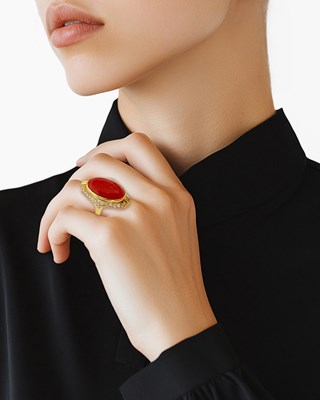 Lot 15 - Gold, Oxblood Coral and Diamond Ring