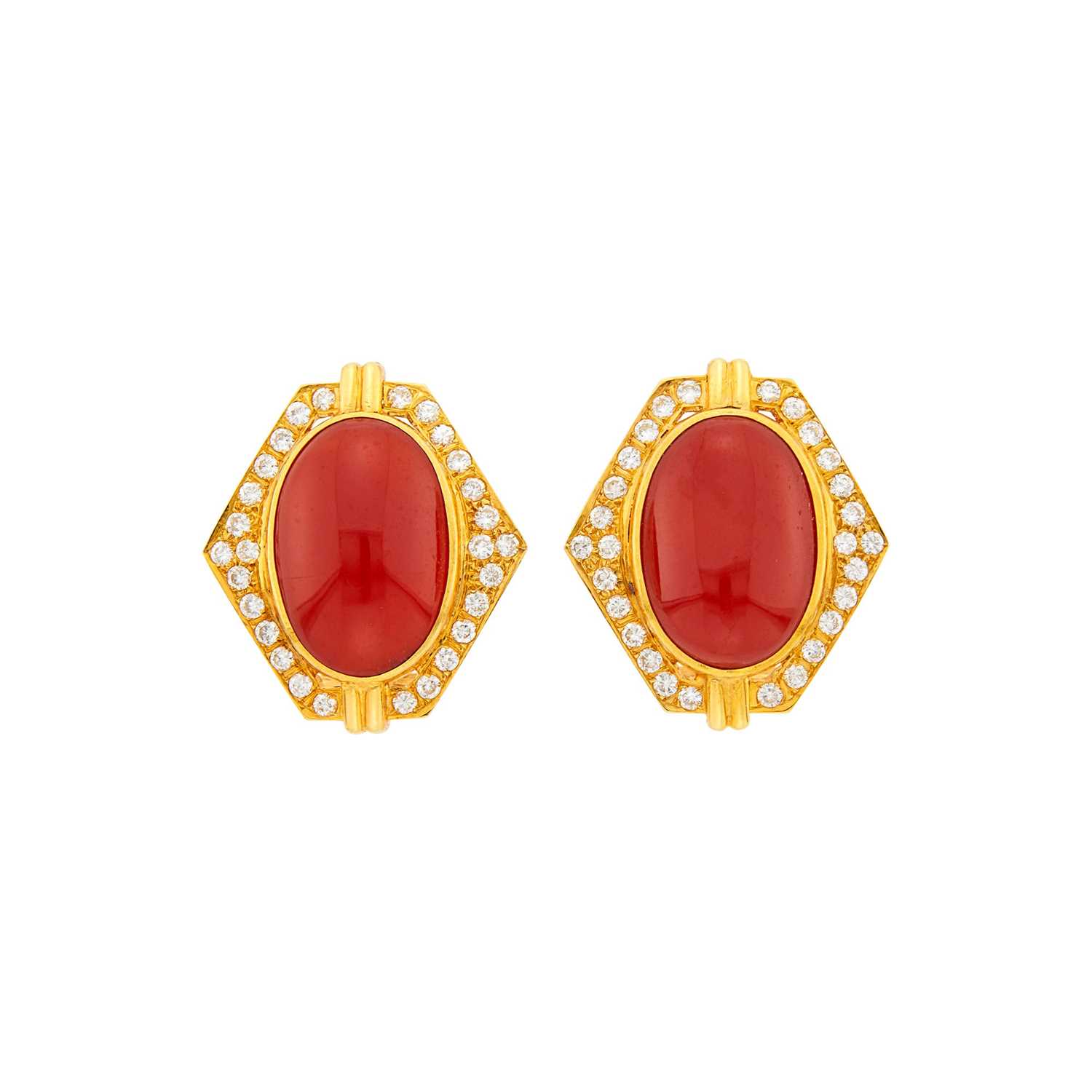 Lot 13 - Pair of Gold, Oxblood Coral and Diamond Earclips