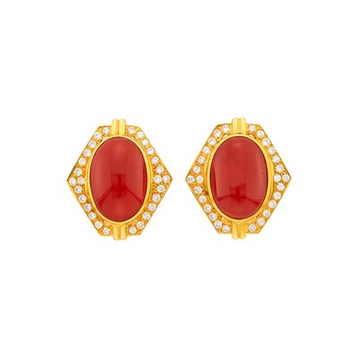 Lot 13 - Pair of Gold, Oxblood Coral and Diamond Earclips