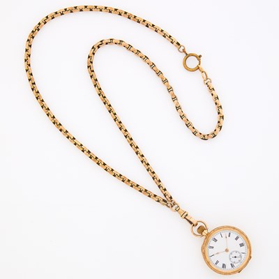 Lot 1133 - Low Karat Gold Open Face Pocket Watch with Low Karat Gold and Gold-Filled Chain Necklace