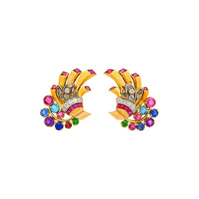 Lot 106 - Pair of Gold, Platinum, Gem-Set and Diamond Earclips
