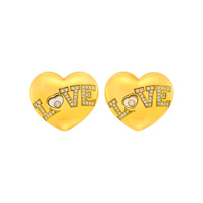 Lot 100 - Chopard Pair of Gold and Diamond 'Happy Diamonds' Heart Love Earrings