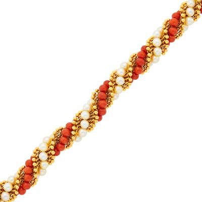 Lot 83 - Van Cleef & Arpels Twisted Gold, Coral Bead and Cultured Pearl Bracelet, France