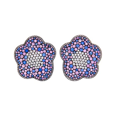 Lot 45 - Taffin Pair of Blackened Silver, Gold, Multicolored Sapphire and Diamond Flower Earclips