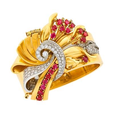 Lot 107 - Gold, Platinum, Ruby, Colored Diamond and Diamond Cuff Bangle Bracelet