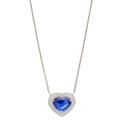 Lot 46 - White Gold, Kashmir Sapphire and Diamond Heart Pendant with Chain Necklace