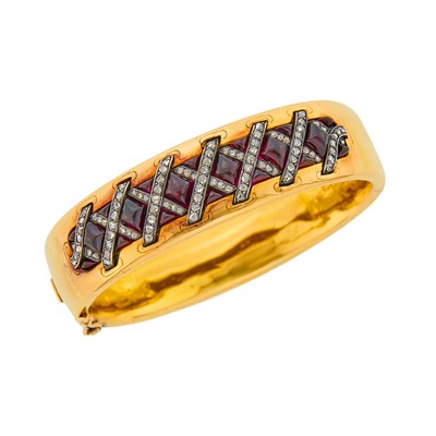 Lot 98 - Antique Gold, Silver, Cabochon Garnet and Diamond Bangle Bracelet, France