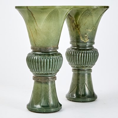 Lot 24 - A Pair of Chinese Green Jade 'Gu' Vase
