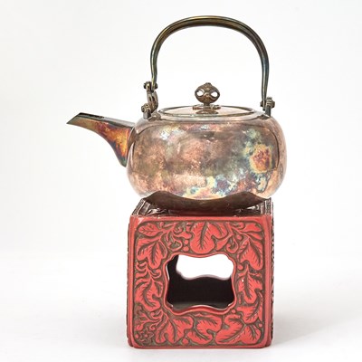 Lot 747 - A Japanese Silver Teapot and a Red Lacquer Stand