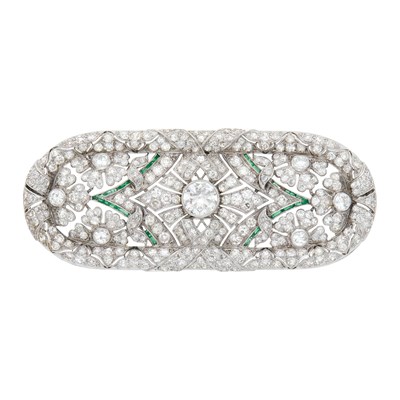 Lot 133 - Platinum, Diamond and Simulated Emerald Brooch