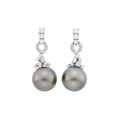 Lot 49 - Pair of White Gold, Diamond and Tahitian Gray Cultured Pearl Pendant-Earrings