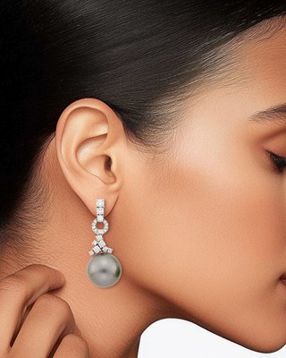 Lot 49 - Pair of White Gold, Diamond and Tahitian Gray Cultured Pearl Pendant-Earrings