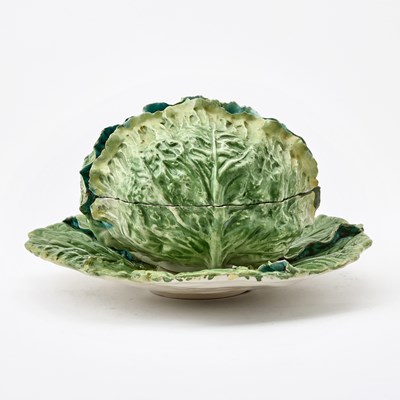 Lot 666 - Italian Painted and Glazed Earthenware Cabbage-Form Covered Bowl and Stand