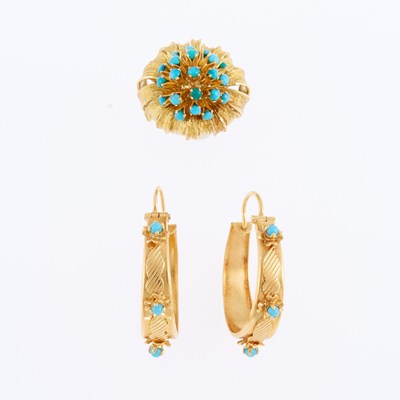Lot 1181 - Gold and Turquoise Flower Ring and Pair of Hoop Earrings