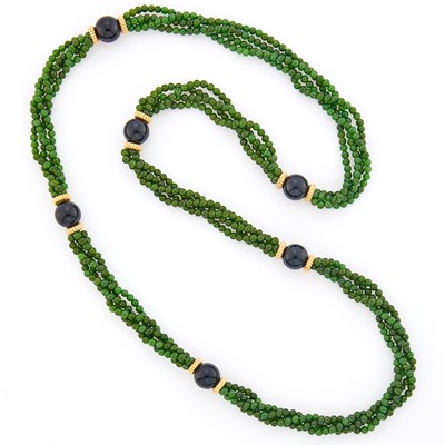 Lot 1245 - Long Multistrand Twisted Nephrite, Black Onyx and Gold Bead Necklace