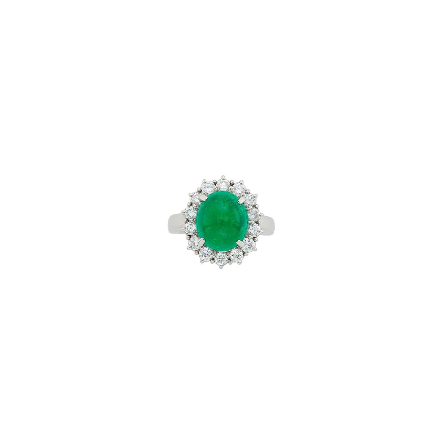 Lot 61 - Platinum, Cabochon Emerald and Diamond Ring