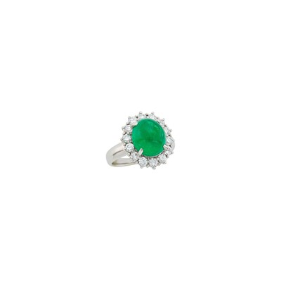 Lot 61 - Platinum, Cabochon Emerald and Diamond Ring