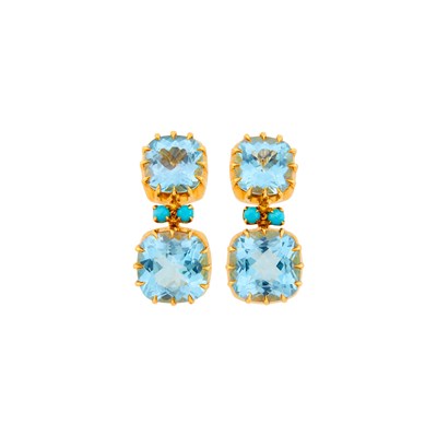 Lot 129 - Seaman Schepps Pair of Gold, Blue Topaz and Turquoise Pendant-Earrings