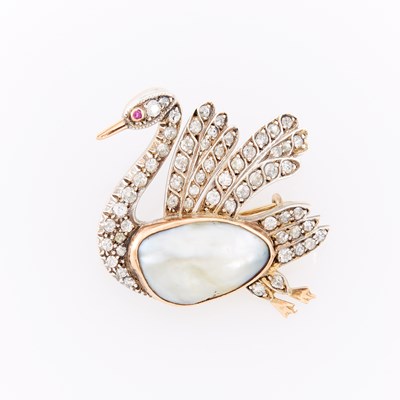 Lot 134 - Silver, Low Karat Rose Gold, Baroque Mabé Pearl, Diamond and Ruby Swan Brooch