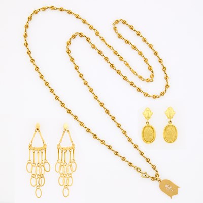 Lot 1196 - Gold Chain Necklace and Two Pairs of Pendant-Earrings