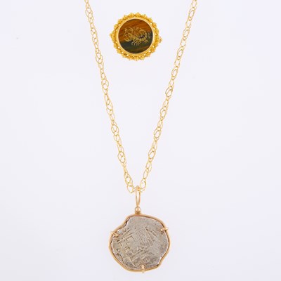 Lot 1153 - Long Gold Chain Necklace with Silver Coin Pendant and Tiger's Eye Scorpio Ring