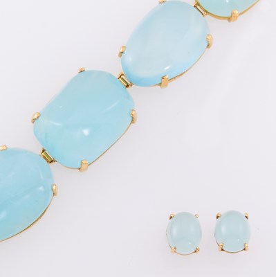 Lot 1219 - Gold and Aquamarine Bracelet and Pair of Earrings