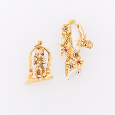 Lot 1145 - Ruser Gold, Baroque Freshwater Pearl and Gem-Set Brooch and Gold Charm